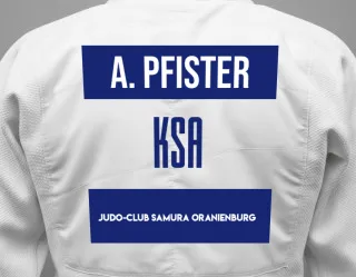 Judo GI with a backnumber showing the name Arlette Pfister from Judo-Club Samura Oranienburg
