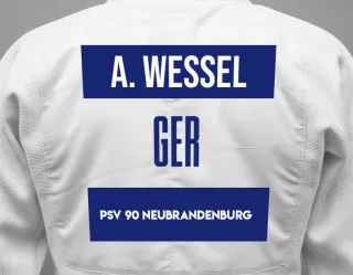Judo GI with a backnumber showing the name Arne Wessel from PSV 90 Neubrandenburg