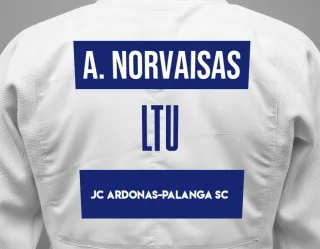 Judo GI with a backnumber showing the name Aronas Norvaisas from JC Ardonas-Palanga SC