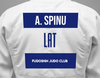 Judo GI with a backnumber showing the name Arsenijs Spinu from FUDOSHIN Judo Club
