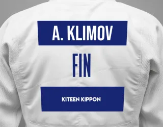 Judo GI with a backnumber showing the name Artem Klimov from Kiteen Kippon