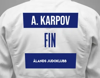 Judo GI with a backnumber showing the name Artemi Karpov from Ålands Judoklubb