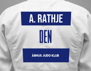 Judo GI with a backnumber showing the name Arthur Sødal Rathje from Århus Judo Klub