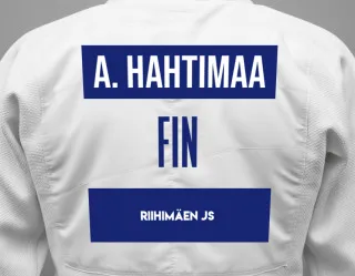 Judo GI with a backnumber showing the name Arttu Hahtimaa from Riihimäen JS