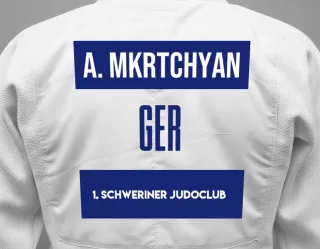Judo GI with a backnumber showing the name Artur Mkrtchyan from 1. Schweriner Judoclub