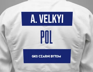 Judo GI with a backnumber showing the name Artur Velkyi from GKS Czarni Bytom