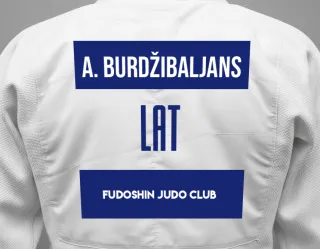 Judo GI with a backnumber showing the name Arturs Burdžibaljans from FUDOSHIN Judo Club