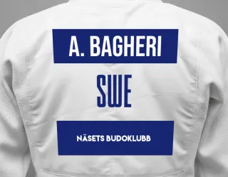 Judo GI with a backnumber showing the name Arvin Bagheri from Näsets Budoklubb