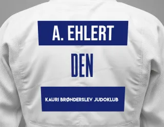 Judo GI with a backnumber showing the name Ask Ehlert from Kauri Brønderslev Judoklub