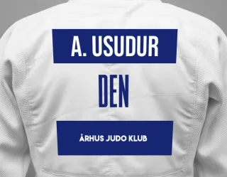 Judo GI with a backnumber showing the name Aslan Usudur from Århus Judo Klub