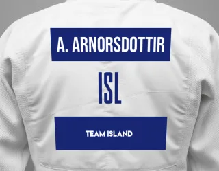 Judo GI with a backnumber showing the name Asta Lovisa Arnorsdottir from Team Island