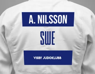 Judo GI with a backnumber showing the name Astrid Nilsson from Visby judoklubb