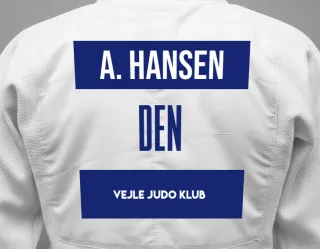 Judo GI with a backnumber showing the name Astrid Riis Hansen from Vejle Judo Klub