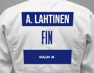 Judo GI with a backnumber showing the name Atte Lahtinen from Oulun JK
