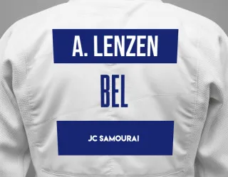 Judo GI with a backnumber showing the name Aubrey Lenzen from JC Samourai