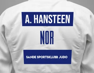Judo GI with a backnumber showing the name Audun Hansteen from Sande Sportsklubb Judo