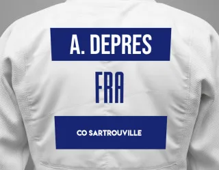 Judo GI with a backnumber showing the name Augustin Depres from Co sartrouville