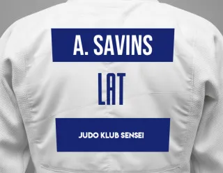 Judo GI with a backnumber showing the name Avivs Savins from Judo Klub Sensei