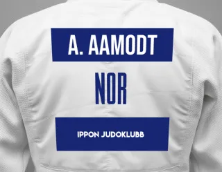 Judo GI with a backnumber showing the name Axel Aamodt from Ippon Judoklubb