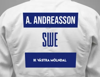 Judo GI with a backnumber showing the name Axel Andreasson from IK Västra Mölndal