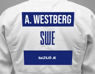 Judo GI with a backnumber showing the name Axel Westberg from Saltsjö JK