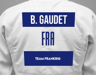 Judo GI with a backnumber showing the name Baptiste Gaudet from Team Frankrig
