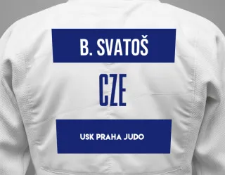 Judo GI with a backnumber showing the name Bartoloměj Svatoš from USK Praha Judo