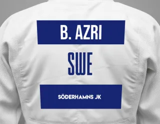 Judo GI with a backnumber showing the name Bashir Azri from Söderhamns JK