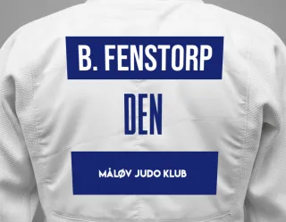 Judo GI with a backnumber showing the name Bastian Fenstorp from Måløv Judo Klub