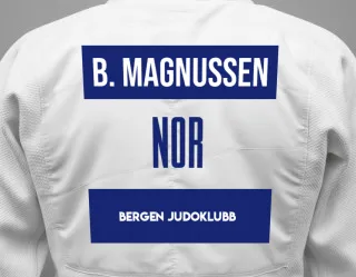 Judo GI with a backnumber showing the name Bastian Nordskog Magnussen from Bergen Judoklubb