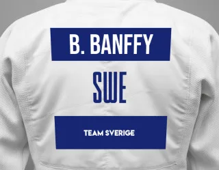 Judo GI with a backnumber showing the name Beiron Banffy from Team Sverige