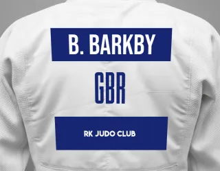 Judo GI with a backnumber showing the name Ben Barkby from RK Judo Club