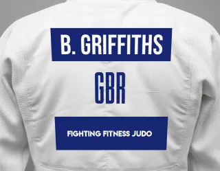 Judo GI with a backnumber showing the name Ben Griffiths from Fighting Fitness Judo