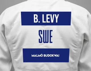Judo GI with a backnumber showing the name Ben Levy from Malmö Budokwai