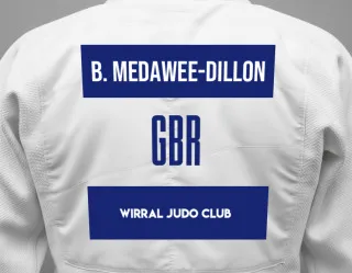Judo GI with a backnumber showing the name Ben Medawee-Dillon from Wirral Judo Club