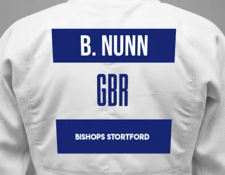 Judo GI with a backnumber showing the name Ben Nunn from Bishops Stortford