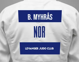 Judo GI with a backnumber showing the name Bendik Myhrås from Levanger Judo Club