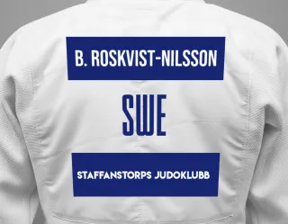 Judo GI with a backnumber showing the name Benjamin Roskvist-Nilsson from Staffanstorps Judoklubb