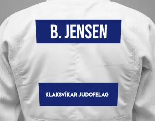 Judo GI with a backnumber showing the name Bjarni Egholm Jensen from Klaksvíkar Judofelag