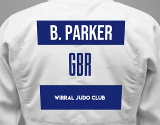 Judo GI with a backnumber showing the name Blake Parker from Wirral Judo Club