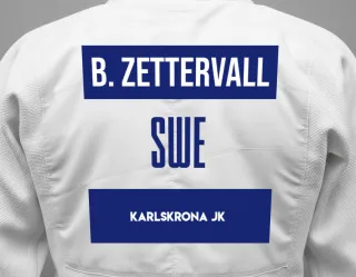 Judo GI with a backnumber showing the name Bodil Zettervall from Karlskrona JK