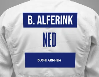 Judo GI with a backnumber showing the name Bram Alferink from Bushi Arnhem