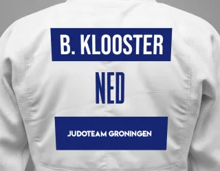 Judo GI with a backnumber showing the name Bram Van Der Klooster from Judoteam Groningen