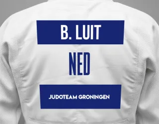 Judo GI with a backnumber showing the name Bram Van Der Luit from Judoteam Groningen