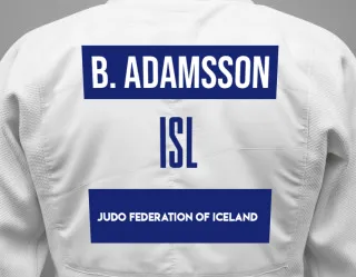Judo GI with a backnumber showing the name Breki Adamsson from Judo Federation Of Iceland