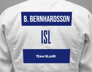 Judo GI with a backnumber showing the name Breki Bernhardsson from Team Island