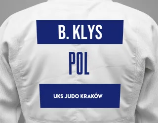 Judo GI with a backnumber showing the name Bronislaw Klys from UKS Judo Kraków 