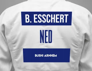 Judo GI with a backnumber showing the name Bruce van den Esschert from Bushi Arnhem
