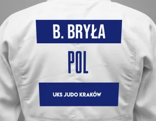 Judo GI with a backnumber showing the name Bruno Bryła from UKS Judo Kraków 
