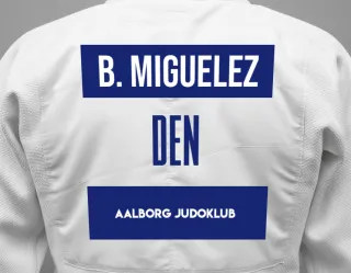 Judo GI with a backnumber showing the name Bruno Miguelez from Aalborg Judoklub